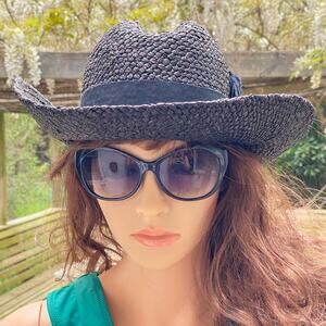 Vintage Black Woven Straw Hat Sz L